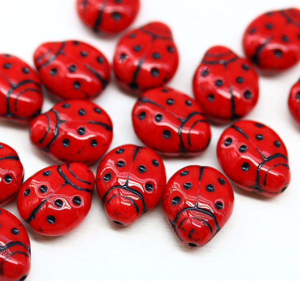 Extra Large Red black dots Ladybug Czech glass beads 15pc
