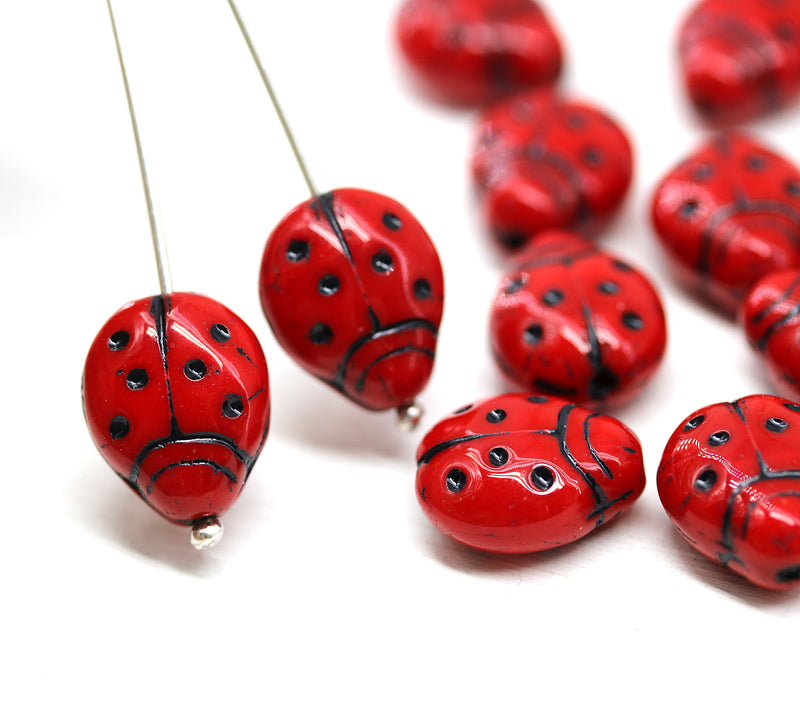 Extra Large Red black dots Ladybug Czech glass beads 15pc