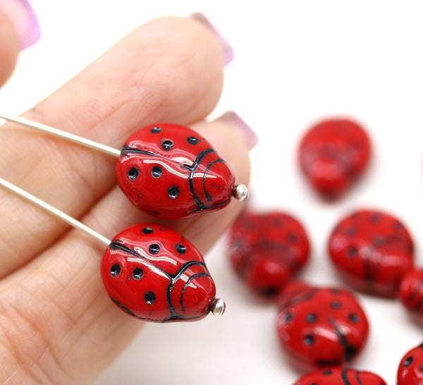 Extra Large Red black dots Ladybug Czech glass beads 15pc