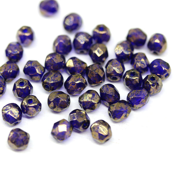 5mm Dark cobalt blue Czech glass fire polished beads 40pc