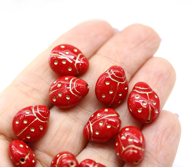 Extra Large Red Ladybug Czech glass beads 15pc