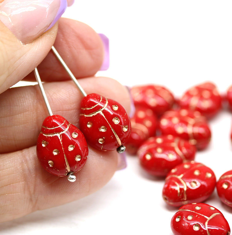 Extra Large Red Ladybug Czech glass beads 15pc