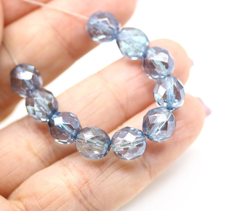 8mm Montana blue luster czech glass fire polished beads
