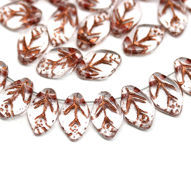 12x7mm Clear leaf beads Czech glass copper inlays 30Pc