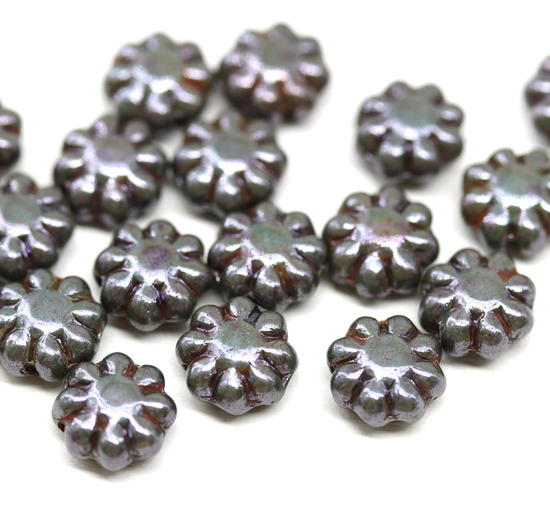 9mm Dark green czech glass daisy beads picasso inlays