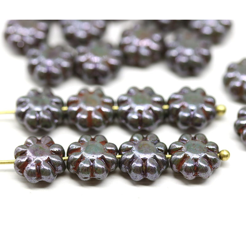 9mm Dark green czech glass daisy beads picasso inlays