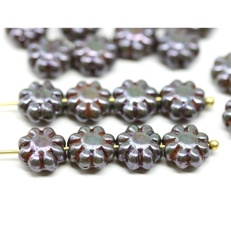 9mm Dark green czech glass daisy beads picasso inlays, 20Pc