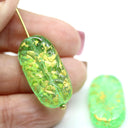 25x12mm Large oval green flat czech glass beads gold wash 2pc