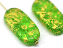 25x12mm Large oval green flat czech glass beads gold wash 2pc