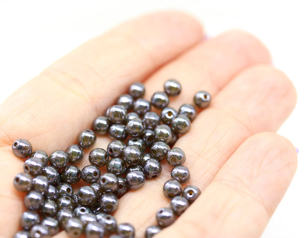 4mm Dark brown czech glass beads round druk spacers, 8gr