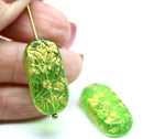 25x12mm Large oval green flat czech glass beads gold wash 2pc