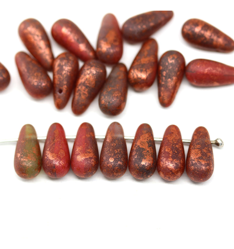 6x13mm Mixed red long teardrop czech glass beads, 15pc