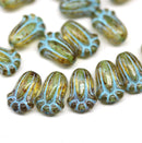12x8mm Picasso green rustic tulip Czech glass beads, blue inlays, 15pc