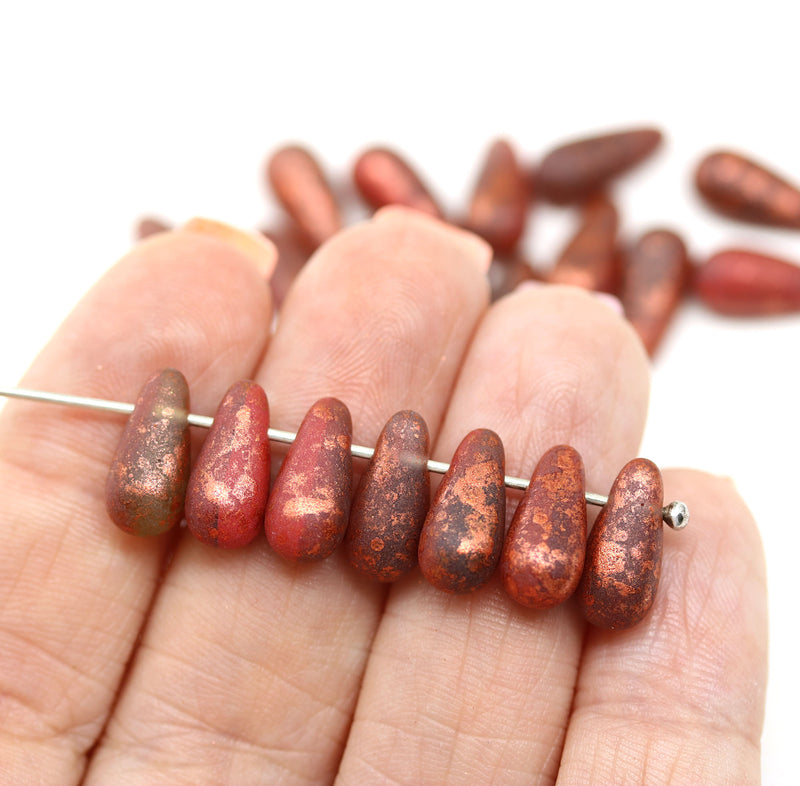 6x13mm Mixed red long teardrop czech glass beads, 15pc