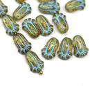 12x8mm Picasso green rustic tulip Czech glass beads, blue inlays, 15pc