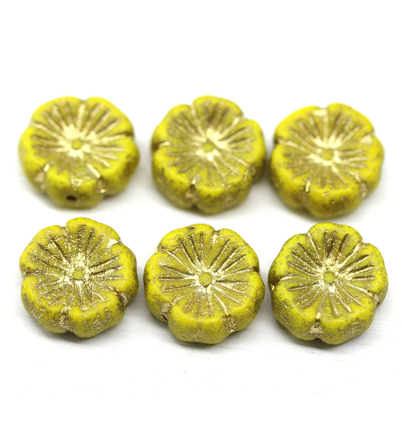 14mm Opaque yellow pansy flower, Czech glass flat daisy, gold wash 6Pc