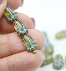 12x8mm Picasso green rustic tulip Czech glass beads, blue inlays, 15pc