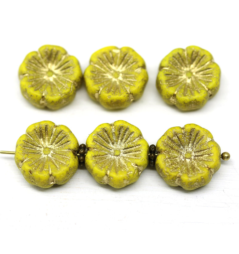 14mm Opaque yellow pansy flower, Czech glass flat daisy, gold wash 6Pc