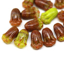 12x8mm Brown Green Czech glass tulip flower beads, 15pc