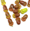 12x8mm Brown Green Czech glass tulip flower beads, 15pc