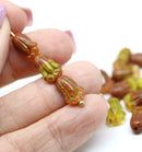 12x8mm Brown Green Czech glass tulip flower beads, 15pc