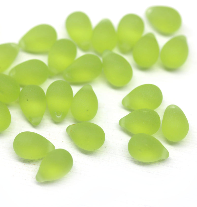 6x9mm Frosted green czech glass teardrop beads 30pc