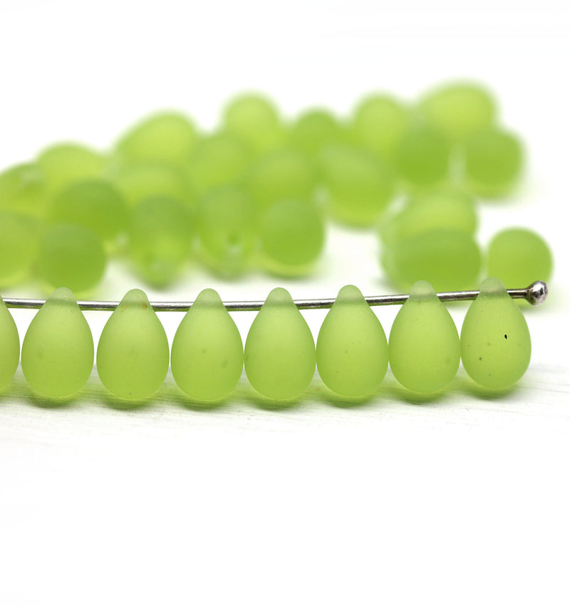 6x9mm Frosted green czech glass teardrop beads 30pc