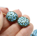 17x14mm Green blue flat oval wavy czech glass beads