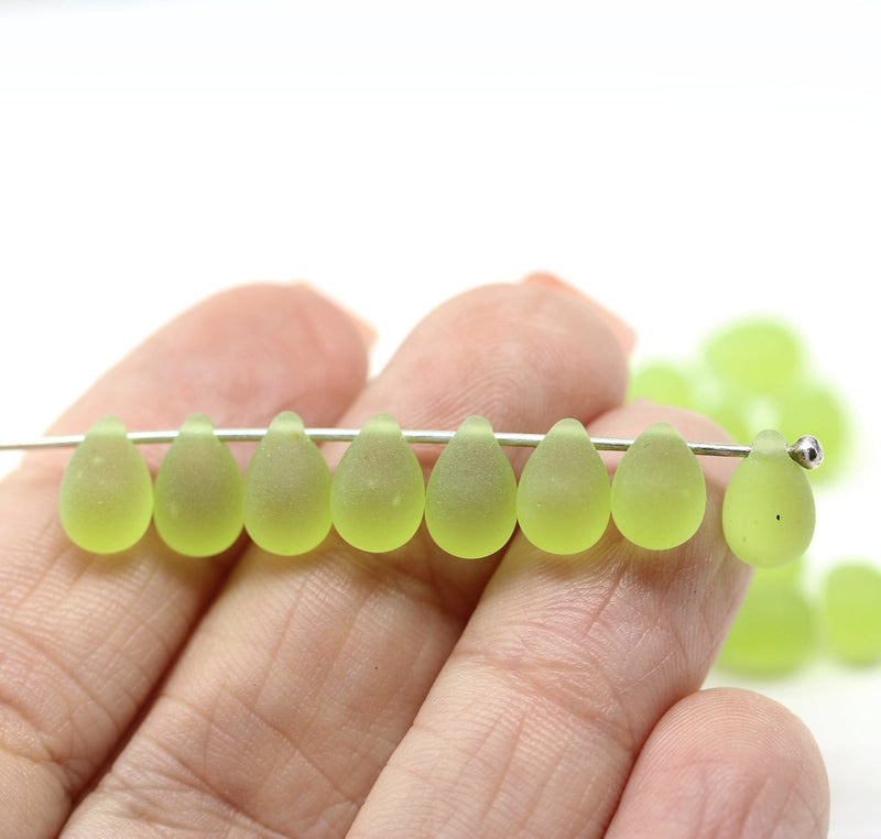 6x9mm Frosted green czech glass teardrop beads 30pc