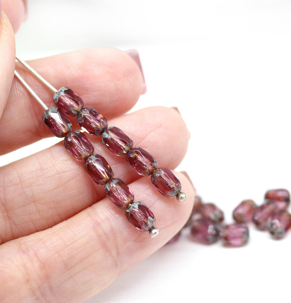 6x4mm Purple rice czech glass fire polished beads picasso ends, 25pc