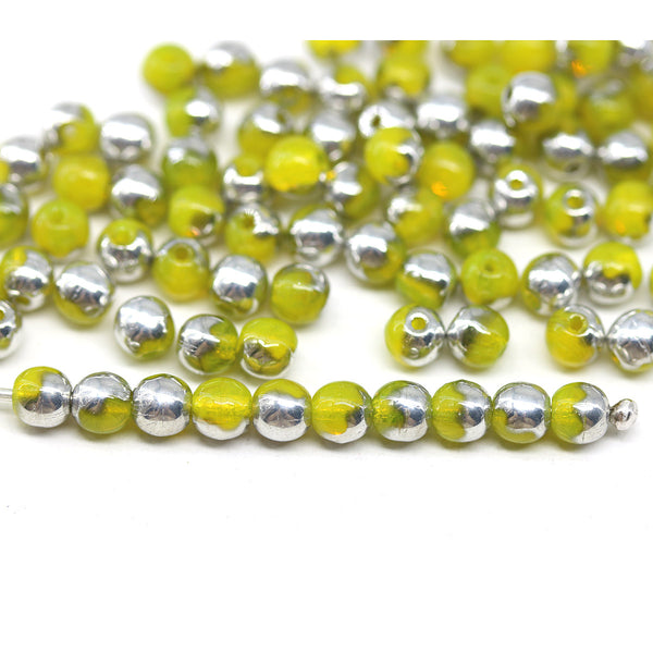 4mm Opal yellow czech glass beads round druk spacers silver coating