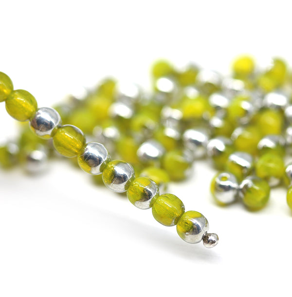 4mm Opal yellow czech glass beads round druk spacers silver coating