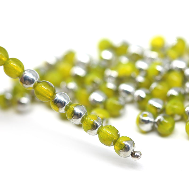 4mm Opal yellow czech glass beads round druk spacers silver coating