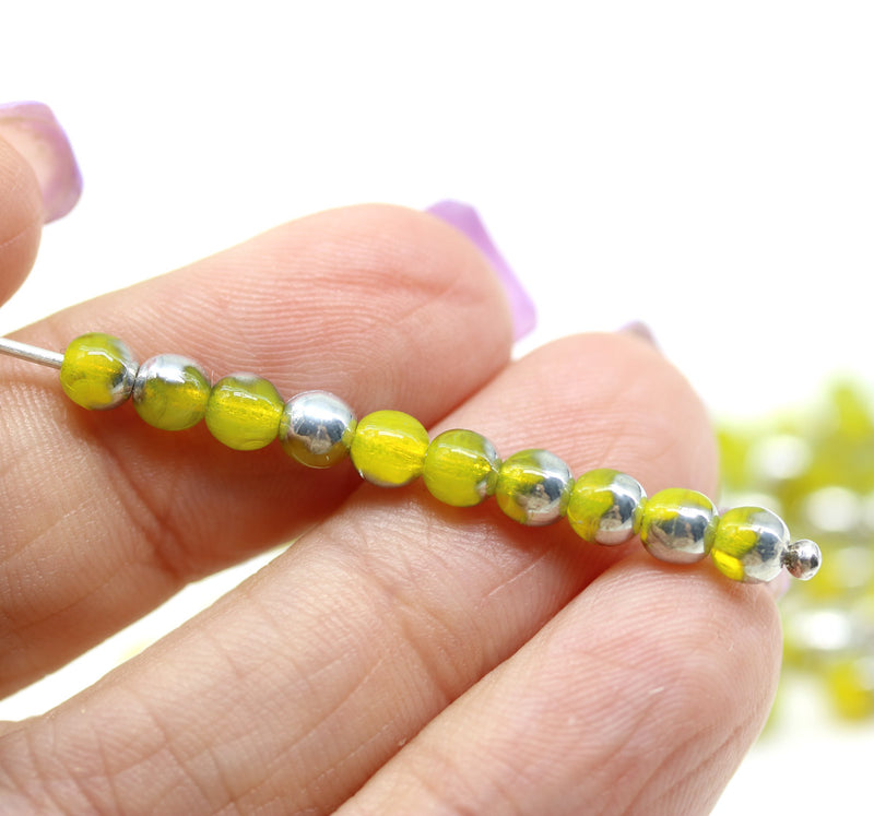 4mm Opal yellow czech glass beads round druk spacers silver coating