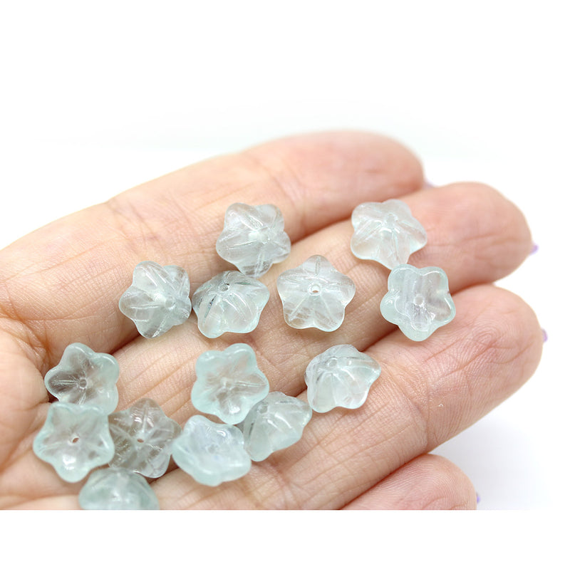 10mm Pale green czech glass flower caps, 15pc