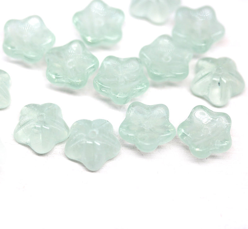 10mm Pale green czech glass flower caps, 15pc