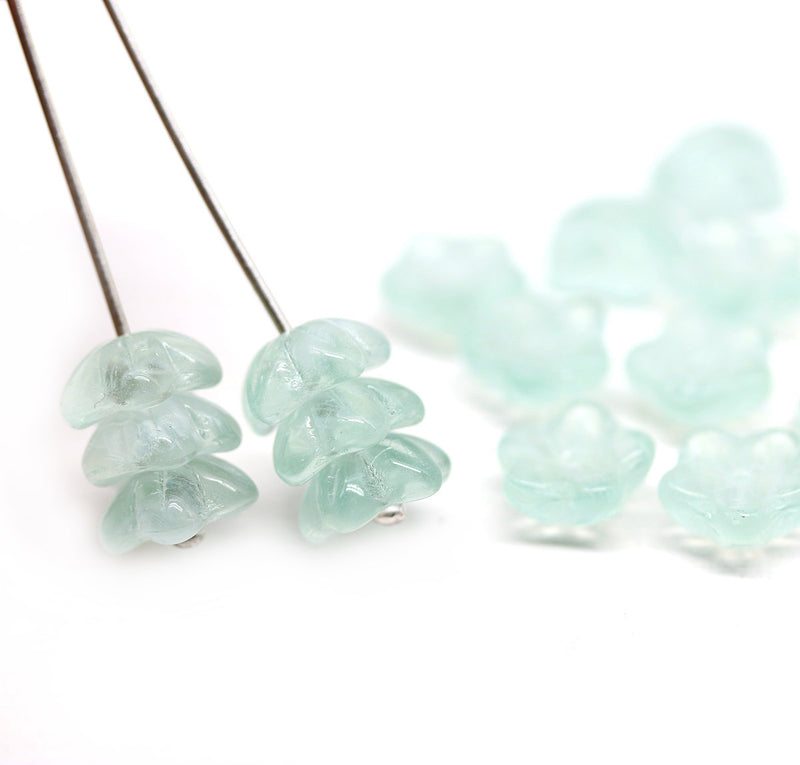 10mm Pale green czech glass flower caps, 15pc