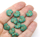 11x13mm Turquoise maple leaf beads, gold inlays Czech glass 10pc