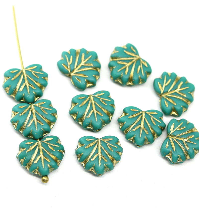 11x13mm Turquoise maple leaf beads, gold inlays Czech glass 10pc