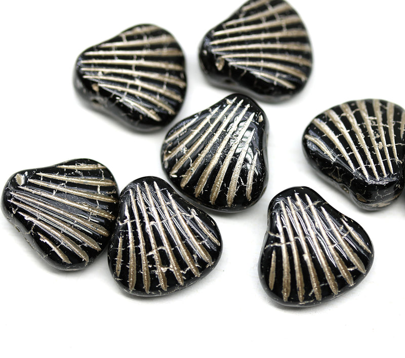 15mm Black shell glass bead silver inlays 8pc