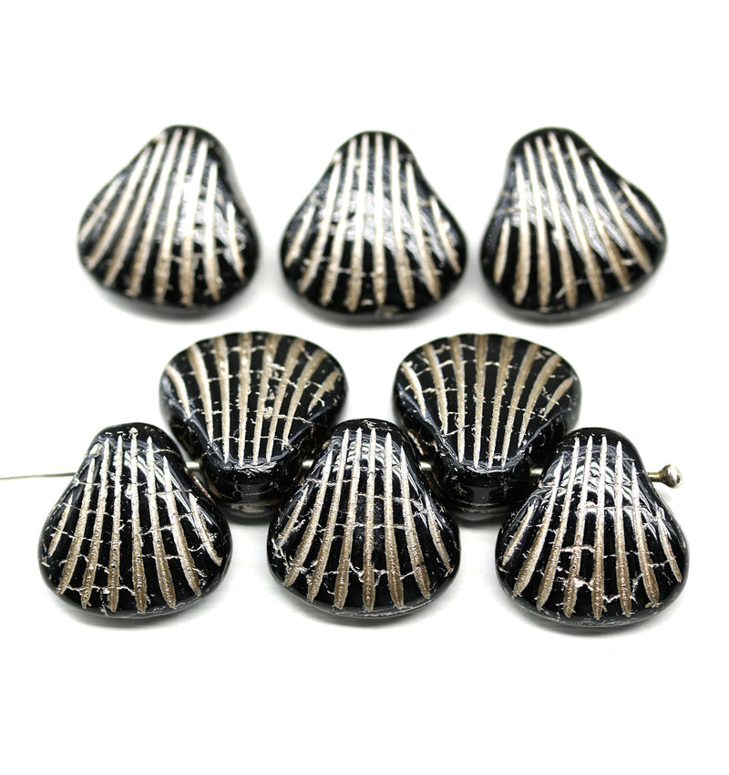 15mm Black shell glass bead silver inlays 8pc