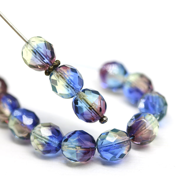 8mm Blue purple luster czech glass fire polished beads