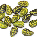 14x9mm Green brown yellow Czech glass leaves, 15pc