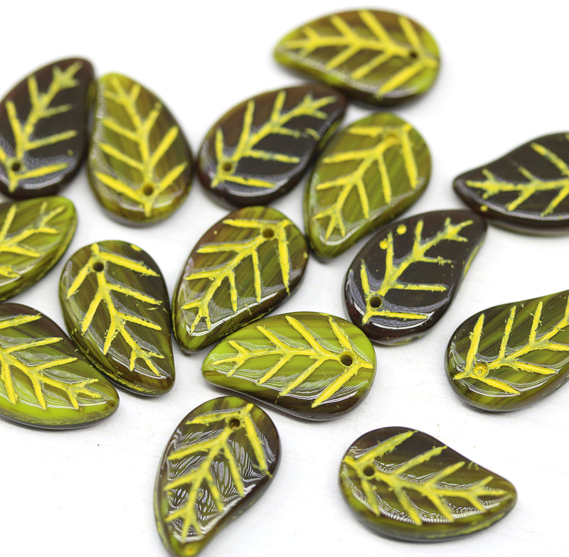 14x9mm Green brown yellow Czech glass leaves, 15pc