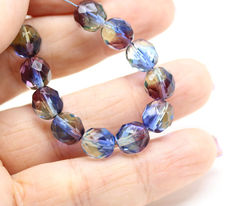 8mm Blue purple luster czech glass fire polished beads - 15pc