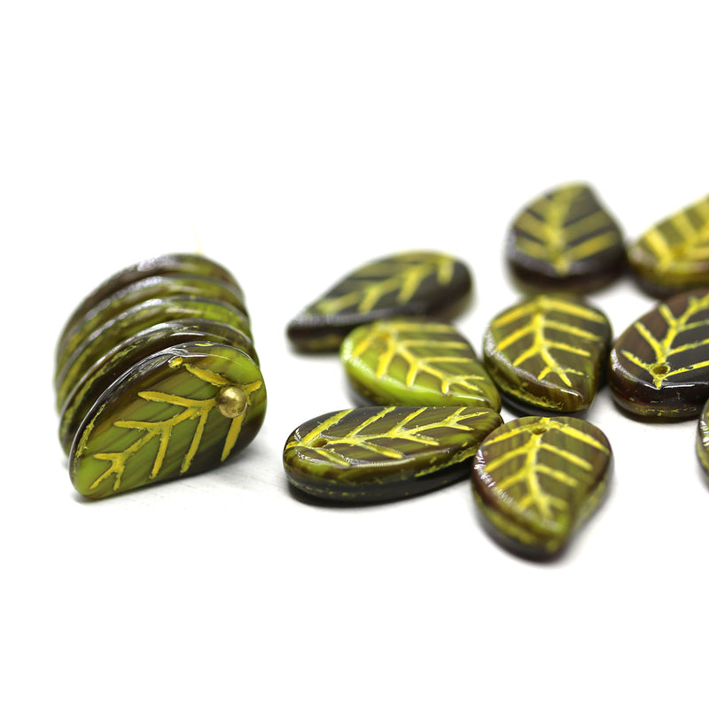 14x9mm Green brown yellow Czech glass leaves, 15pc