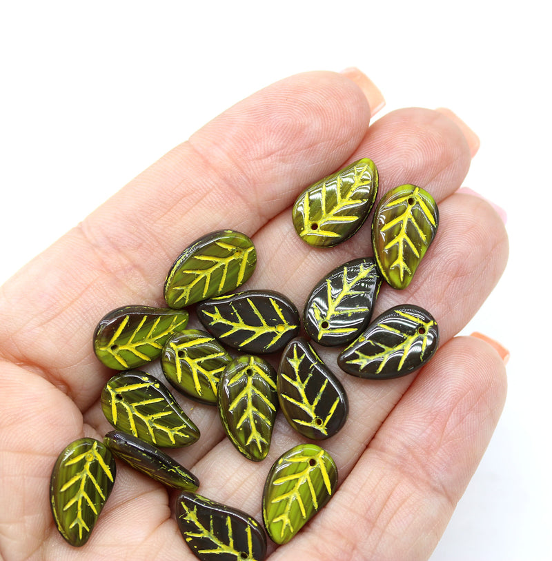 14x9mm Green brown yellow Czech glass leaves, 15pc