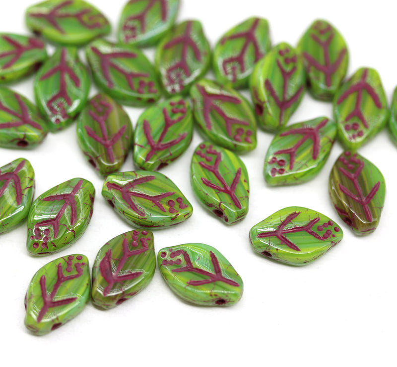 Green beads with purple leaf patterns 