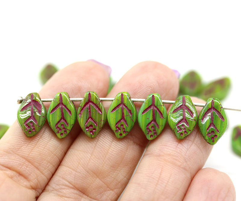 12x7mm Mixed green leaf czech glass beads 30Pc