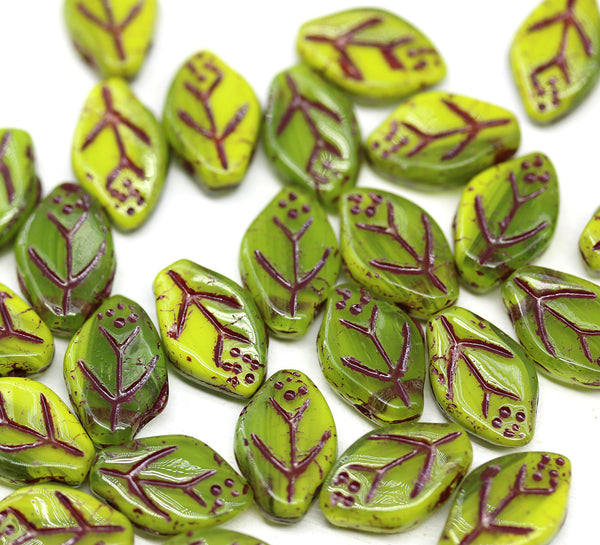 12x7mm Mixed green leaf beads Czech glass pressed, dark red inlays 30Pc